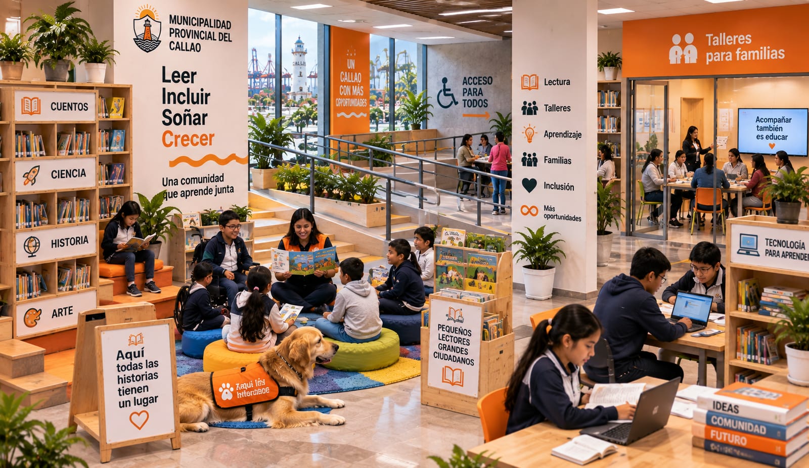 Visualización referencial de la Biblioteca Municipal Inclusiva y Talleres para Familias del Callao.