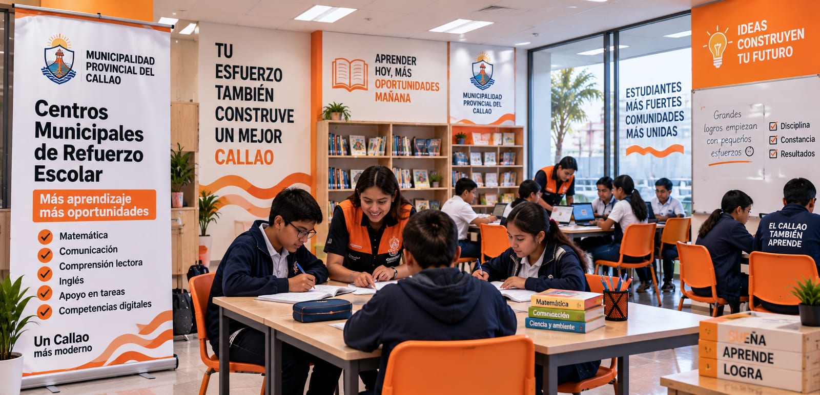 Visualización de un centro municipal de refuerzo escolar del Callao: escolares trabajando en mesas de estudio con el acompañamiento de personal municipal, estanterías de libros y un panel con las áreas de refuerzo: matemática, comunicación, comprensión lectora, inglés, apoyo en tareas y competencias digitales.