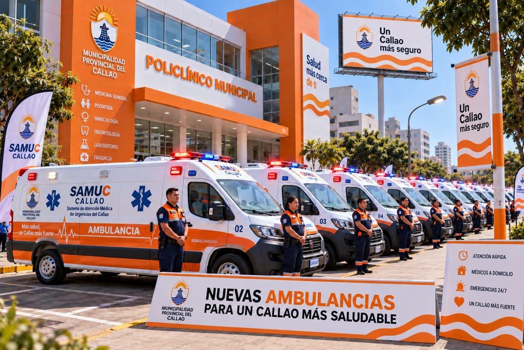 Visualización de una flota de ambulancias municipales del Callao formada frente a un policlínico.