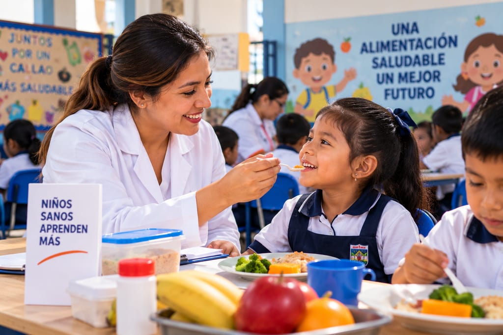 Personal de salud acompañando a una niña durante la alimentación escolar en un colegio del Callao.