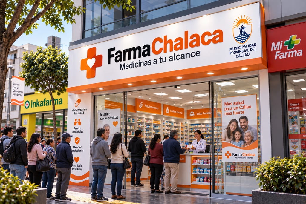 Visualización de una farmacia municipal del Callao con vecinos siendo atendidos en el mostrador.