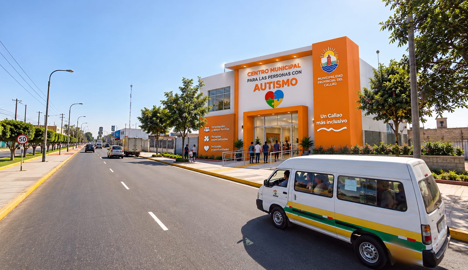 Visualización de un centro municipal de atención a la neurodiversidad con familias ingresando al local.