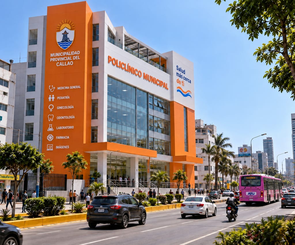 Visualización de un policlínico municipal del Callao, con el escudo de la Municipalidad Provincial en la fachada y los rótulos de medicina general, pediatría, ginecología, odontología, laboratorio, farmacia e imágenes.