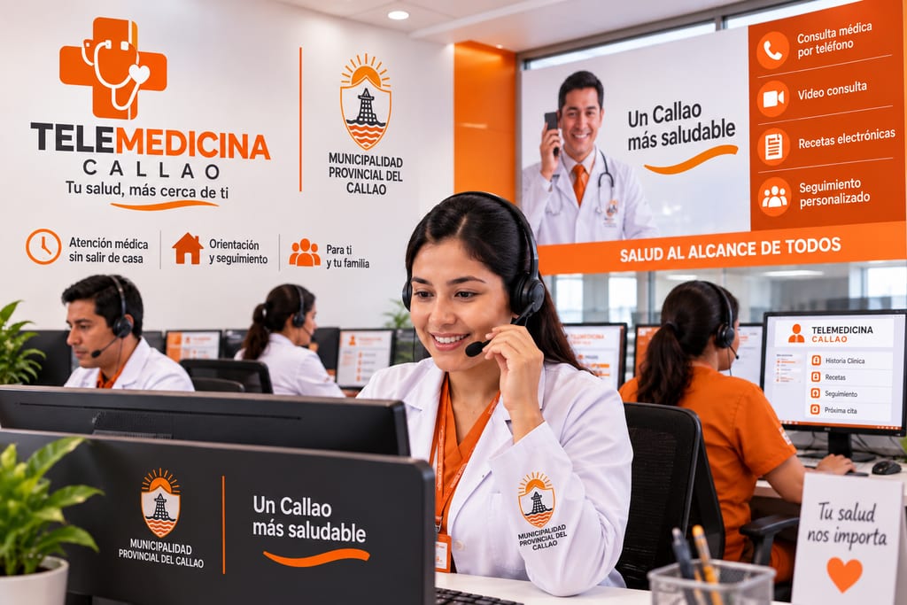 Visualización de una central de telemedicina municipal del Callao con personal de salud atendiendo llamadas.