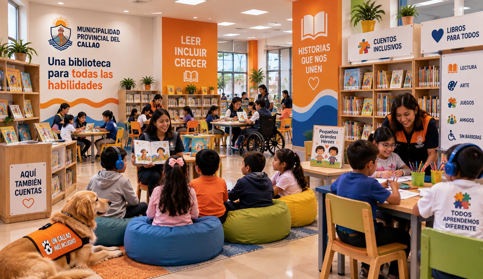 Visualización de una biblioteca itinerante del Callao con niñas y niños en una sesión de cuentacuentos.