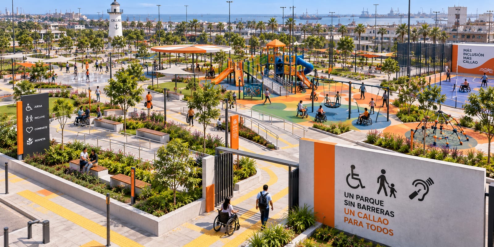 Visualización del primer parque inclusivo del Callao, con senderos accesibles, juegos adaptados y vista al puerto.