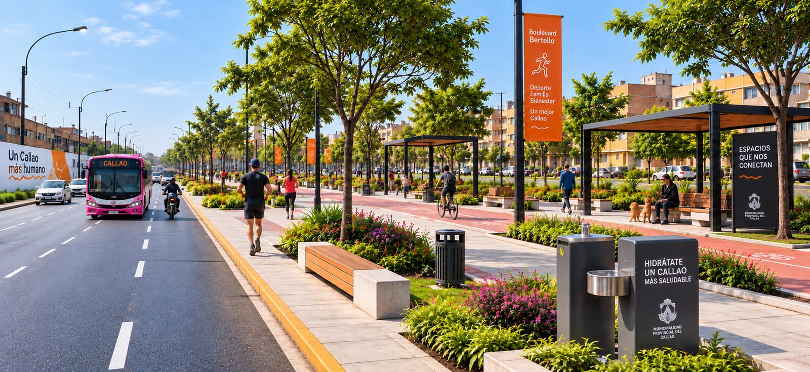 Visualización panorámica del boulevard propuesto en la Av. Bertello, con paseo arbolado, jardineras floridas, bancas, bebederos, pérgolas de sombra, ciclovía y vecinos caminando, corriendo y en bicicleta.