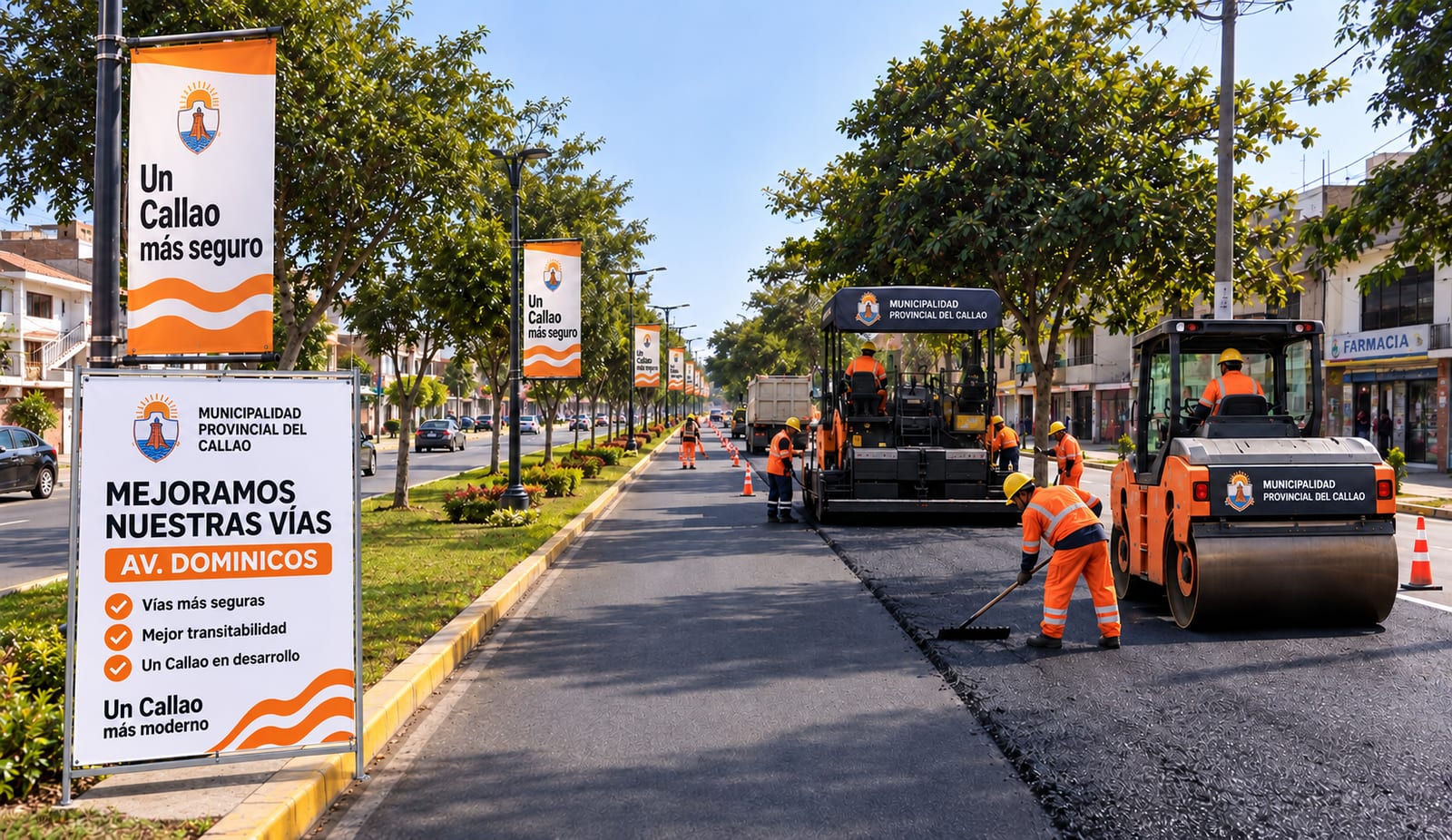 Visualización de trabajos de repavimentación en la Av. Dominicos con maquinaria y personal municipal.