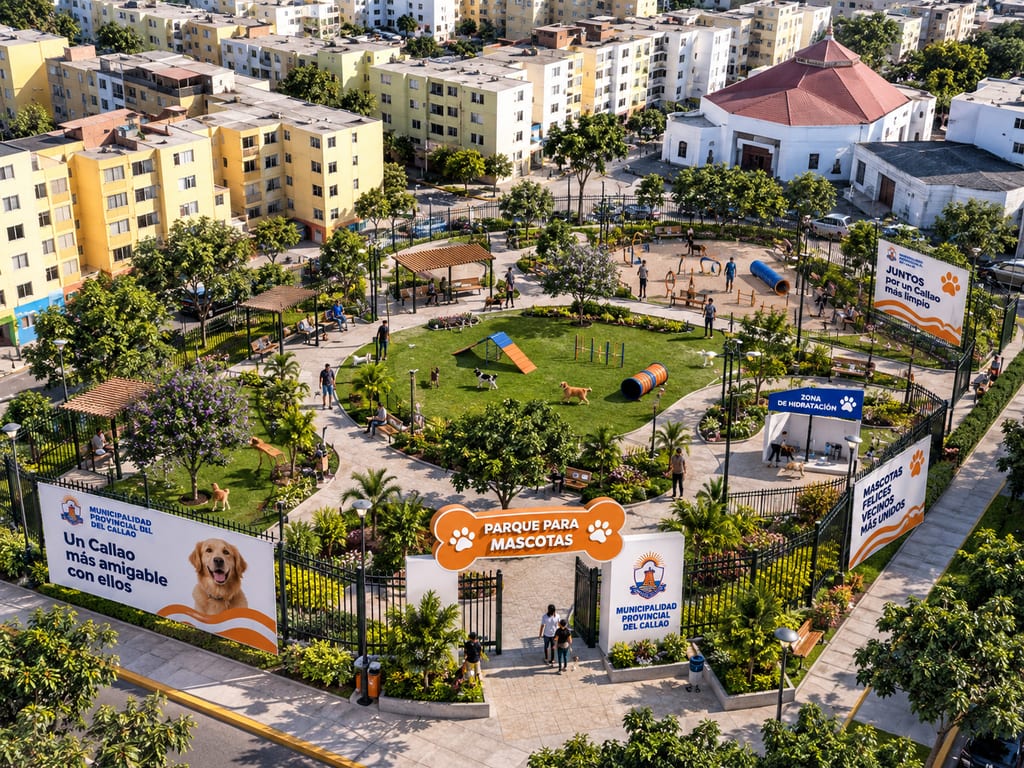 Visualización aérea del parque para mascotas propuesto: un espacio cercado con zonas de agilidad, áreas verdes, pérgolas de sombra, bancas, zona de hidratación y un arco de ingreso con el escudo de la Municipalidad Provincial del Callao.