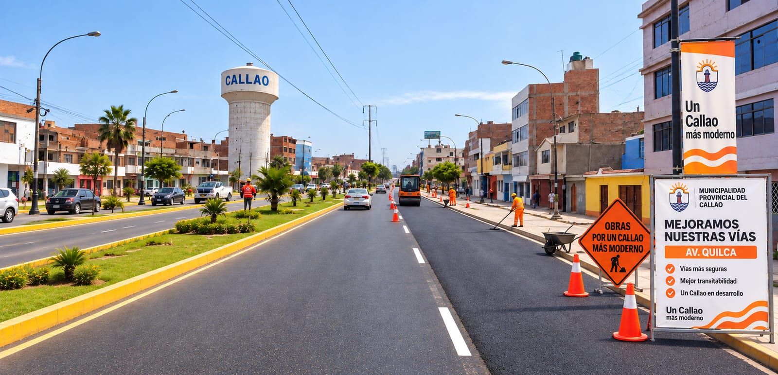 Visualización de obras de mejoramiento en la Av. Quilca con señalización municipal y torre de agua al fondo.
