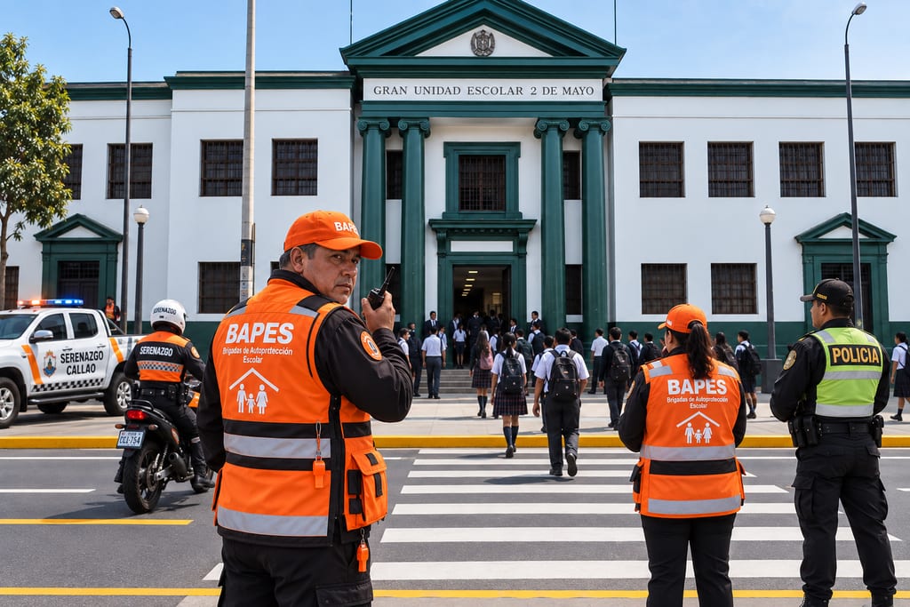 Visualización de brigadistas BAPES con chaleco, gorra y radio acompañando la salida de escolares en un cruce peatonal, junto a una unidad de serenazgo y un efectivo de la Policía Nacional.