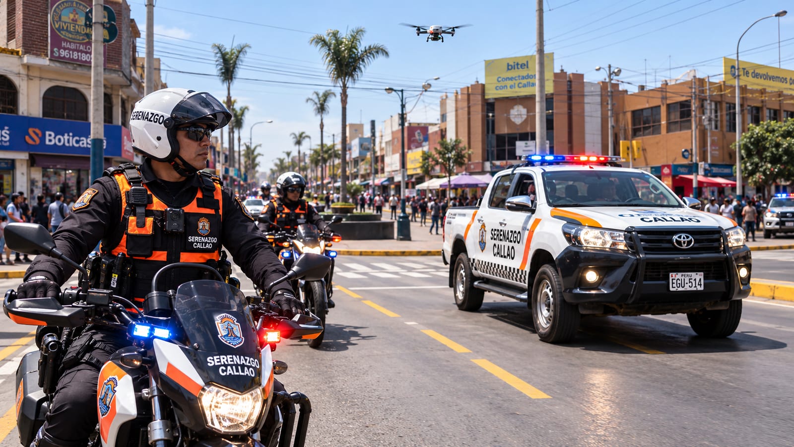 Visualización de personal de serenazgo del Callao en motocicleta, con cámara corporal sobre el chaleco, junto a una camioneta municipal y un dron sobrevolando la avenida.