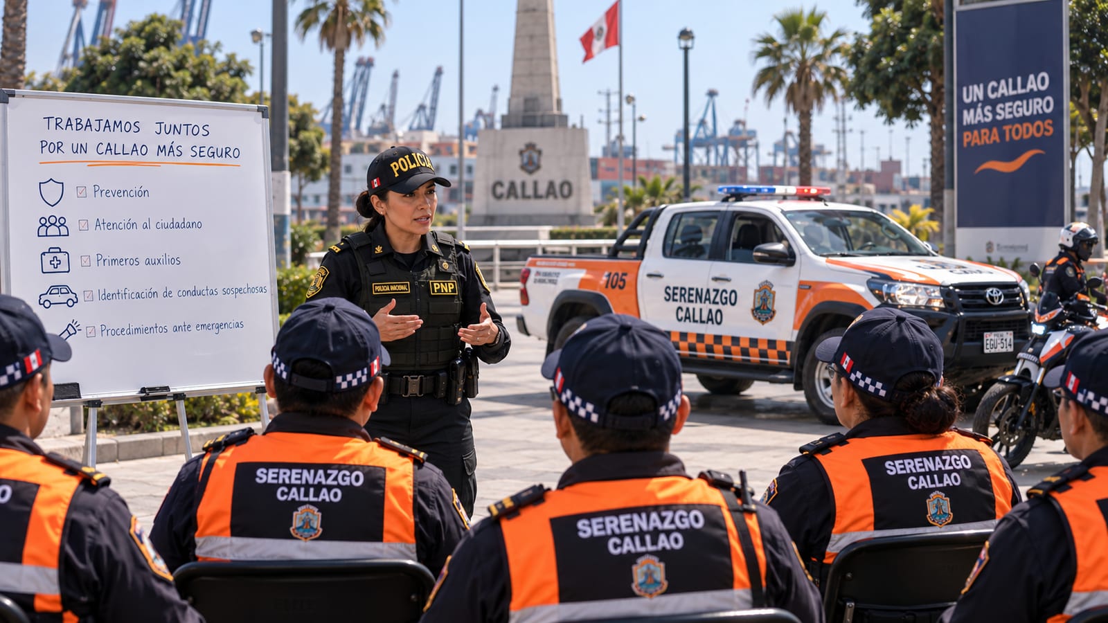 Visualización de una capacitación al serenazgo del Callao: una oficial de la Policía Nacional expone ante personal de serenazgo sentado, junto a un panel con los temas de prevención, atención al ciudadano, primeros auxilios, identificación de conductas sospechosas y procedimientos ante emergencias.