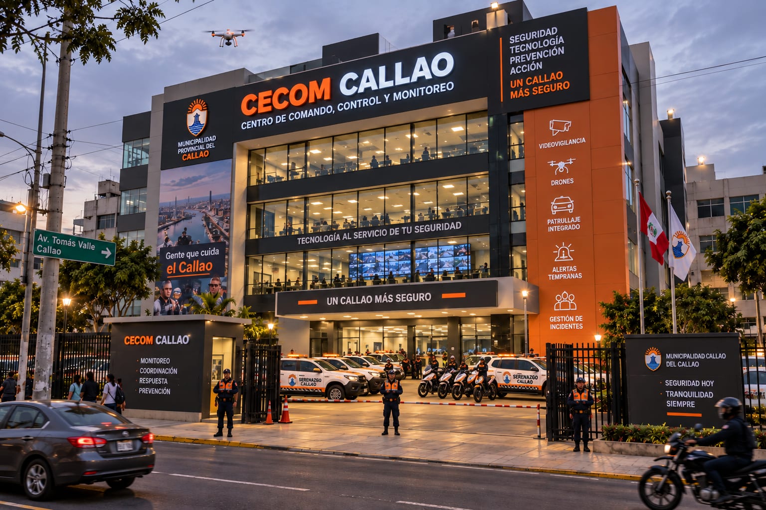 Visualización de la sede del CECOM Callao al atardecer: un edificio municipal iluminado con el escudo de la Municipalidad Provincial, la sala de monitoreo visible tras el vidrio, los rótulos de videovigilancia, drones, patrullaje integrado, alertas tempranas y gestión de incidentes, y las unidades de serenazgo formadas en el patio de salida.