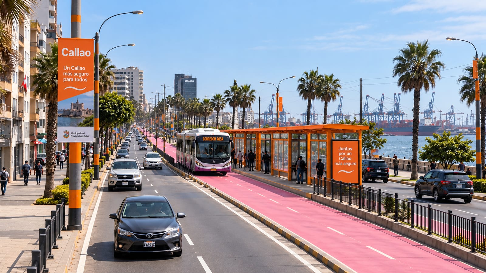 Visualización de un corredor seguro en la avenida costera del Callao: un bus del corredor en su carril exclusivo, un paradero cubierto con vecinos esperando, banderolas municipales de un Callao más seguro y las grúas del puerto al fondo.