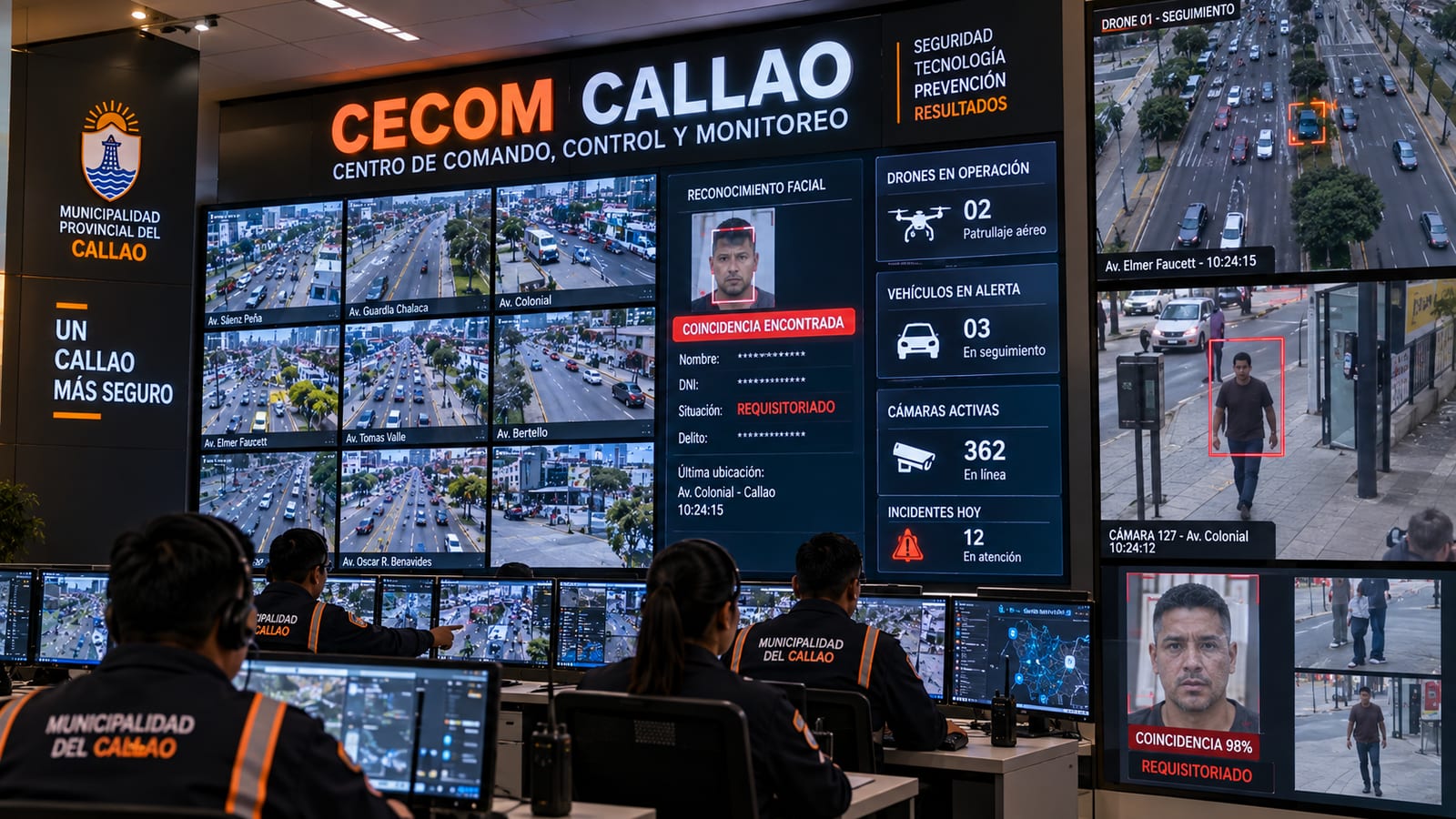 Visualización de la sala de comando del CECOM Callao: operadores municipales frente a un videowall con cámaras de avenidas del Callao y paneles de seguimiento de drones.