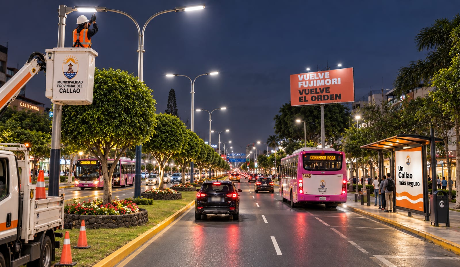 Visualización de trabajos nocturnos de instalación de luminarias LED en una avenida del Callao, con una cuadrilla municipal en canastilla y la vía ya iluminada.
