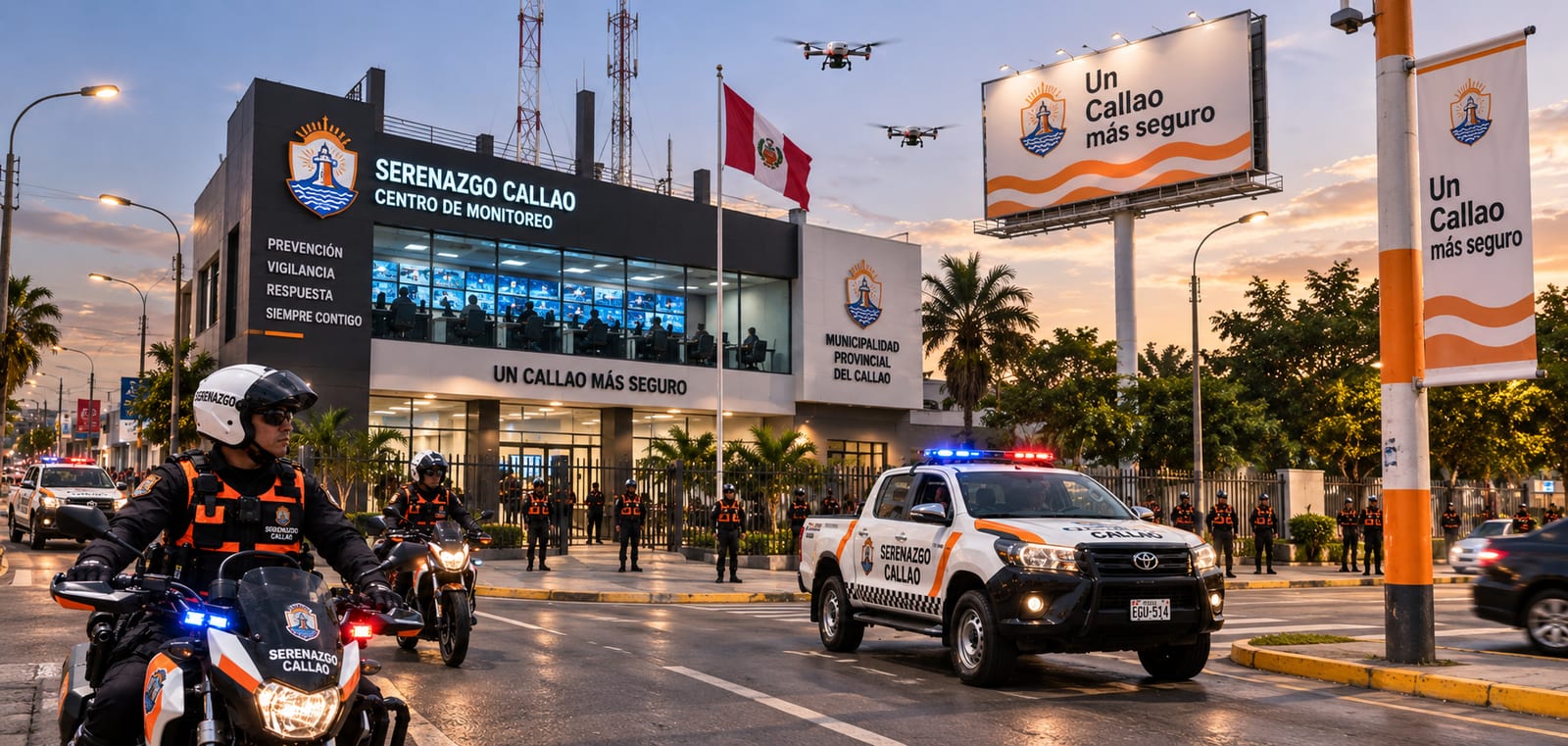 Visualización del centro de monitoreo del serenazgo del Callao al atardecer, con el personal formado en el frontis, camionetas y motocicletas municipales saliendo a patrullar y drones sobrevolando la avenida.